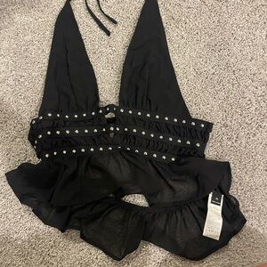 SHEIN Black Halter Ruffle Crop Top with Stud Detail